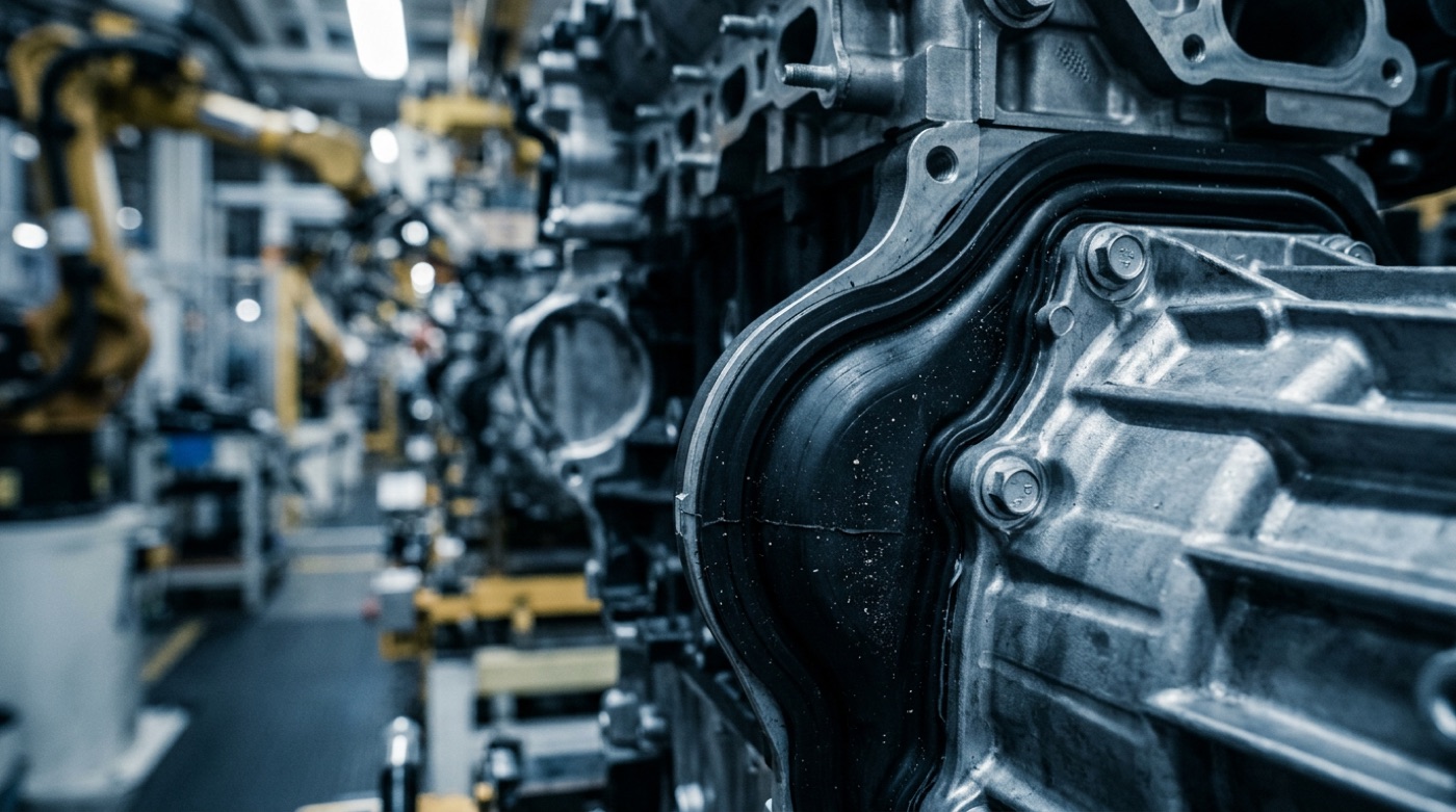 Black EPDM seals and gaskets fitted on an engine and transmission assembly on a car production line