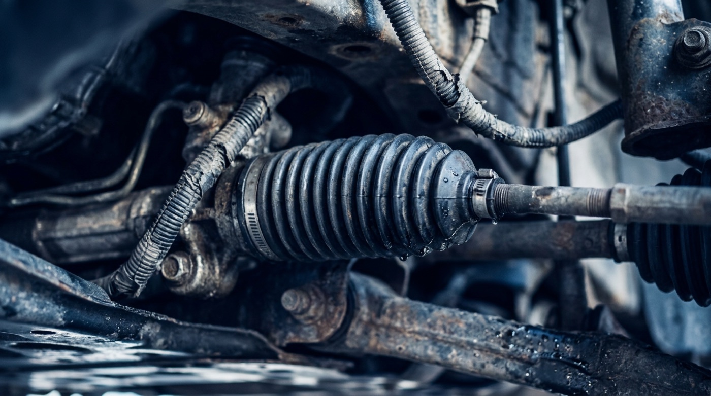 Black rubber bellows boot protecting a steering linkage and wiring harness under a vehicle