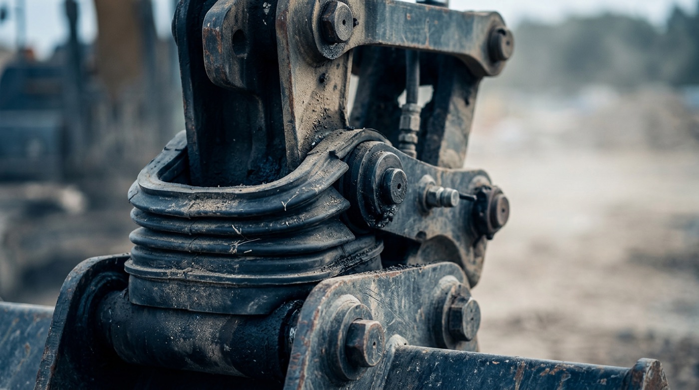 Heavy-duty rubber mounts, covers and seals on an excavator arm on a dusty construction site