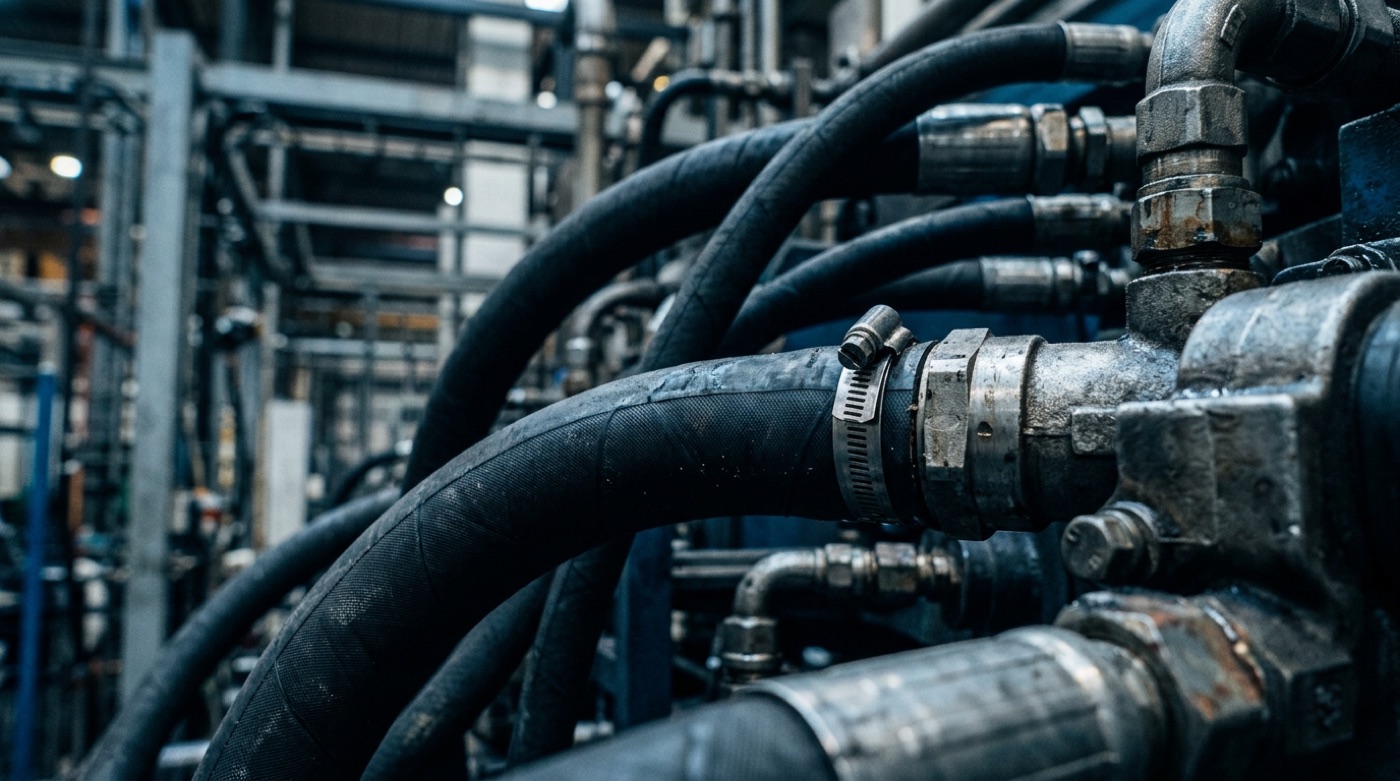 Black reinforced rubber hoses with metal clamps running through industrial machinery