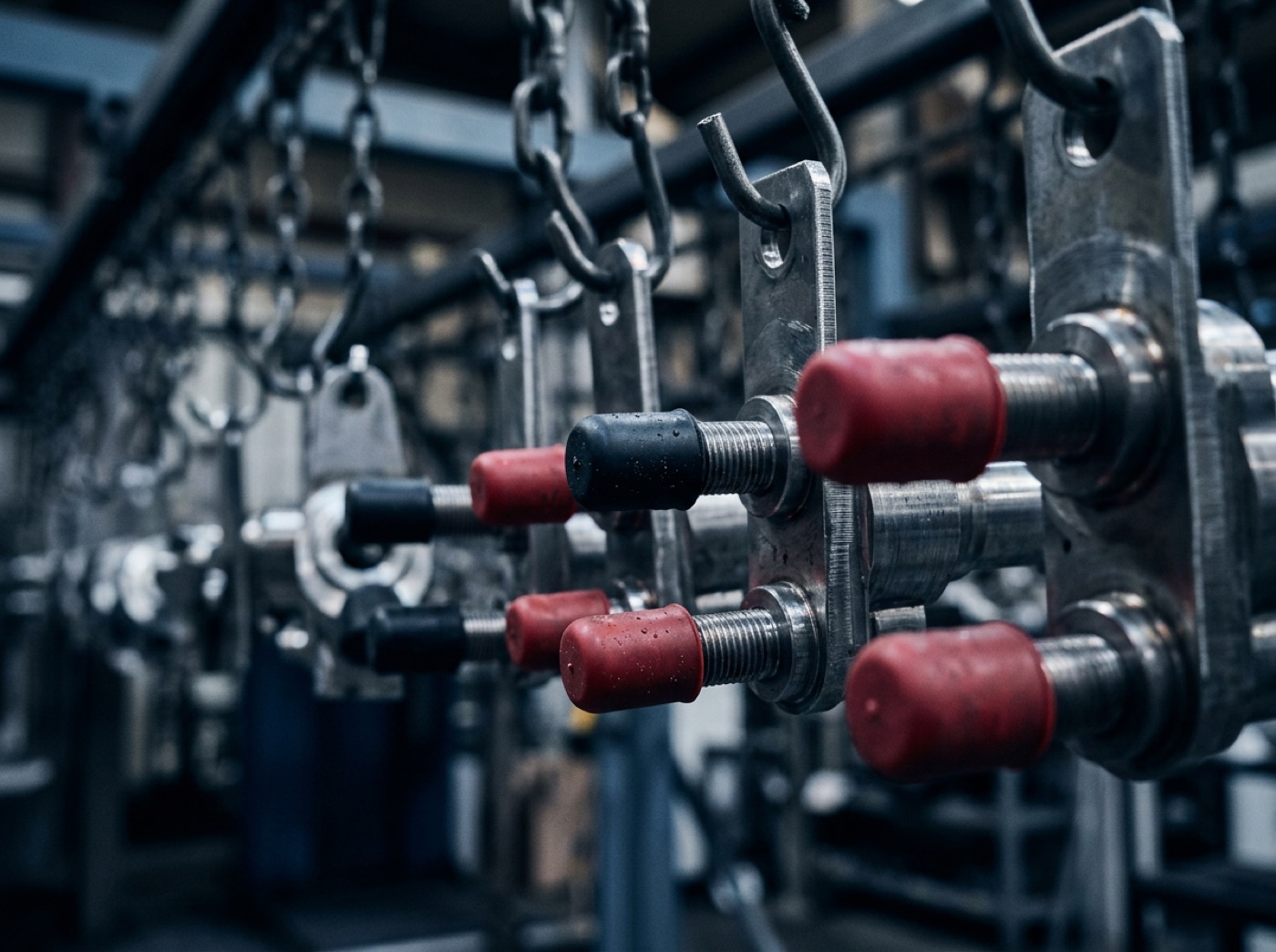 Silicone masking caps and cover caps fitted on threaded studs of machined parts on a powder-coating line