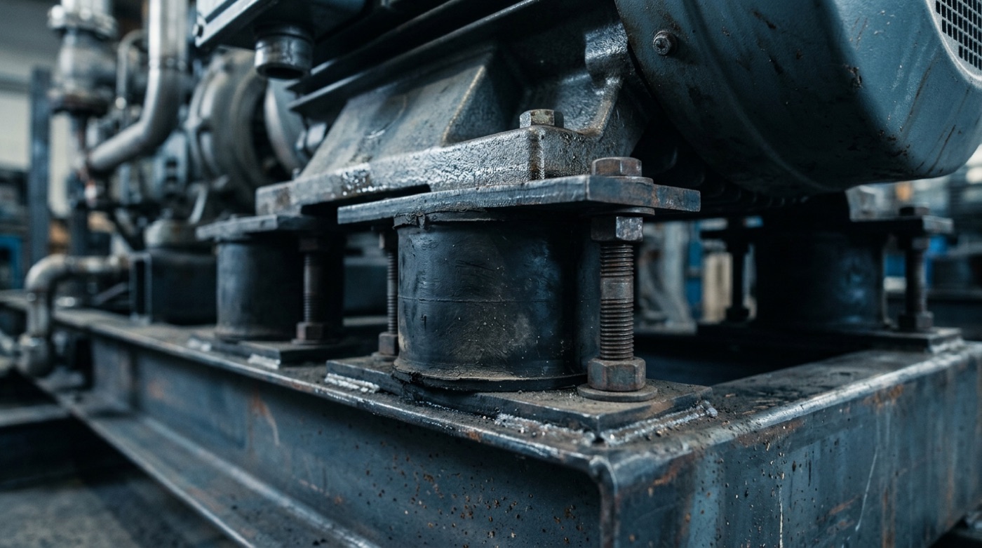 Black rubber anti-vibration mounts and dampers supporting an industrial motor on a steel base frame