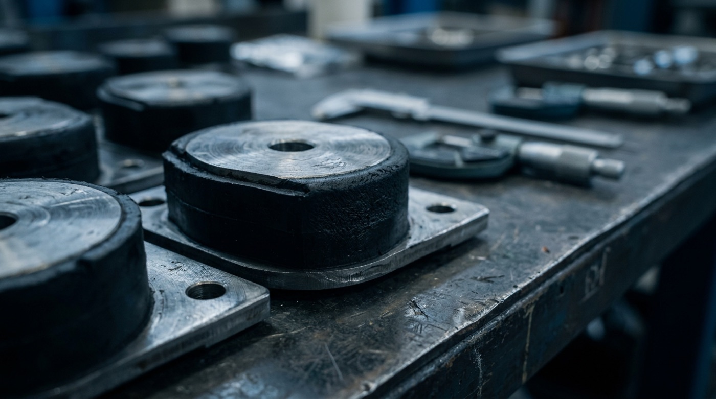 Rubber-to-metal bonded components, black rubber vulcanised between machined steel plates, on an inspection bench