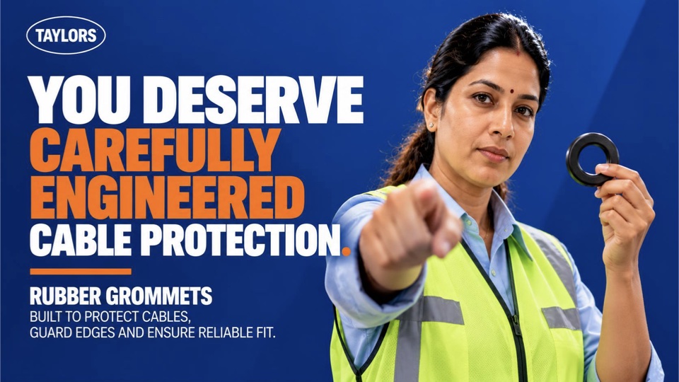 Cover of the Taylor Rubber Grommets guide: an engineer pointing out, holding a grommet — “You deserve carefully engineered cable protection.”