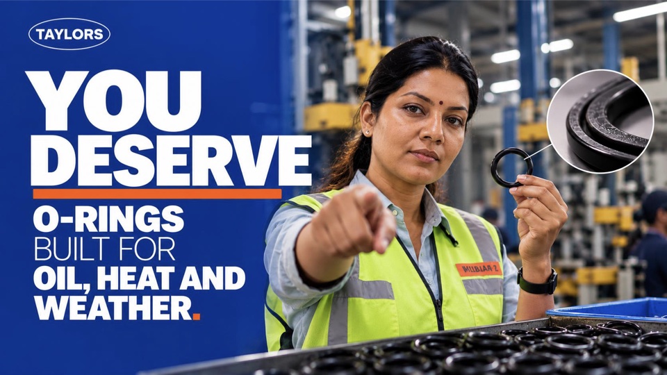 Cover of the Taylor O-Rings guide: an engineer in a hi-vis vest pointing out, holding an O-ring — “You deserve O-rings built for oil, heat and weather.”